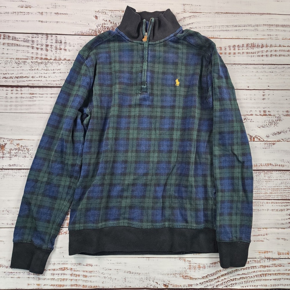 Polo Ralph Lauren Quarter Zip Pullover Boys L 14-16 Black Watch Plaid Pony